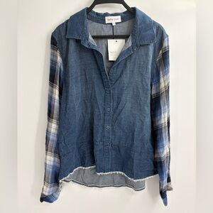 Bella Dahl revolve mixed blue fall flannel denim button down shirt medium NWT